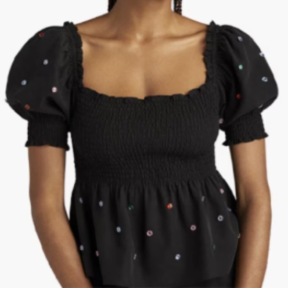 Hill House Tops - Hill House Jammie Jewel Crystal Stone Embellished Smocked Puff Sleeve Black Top